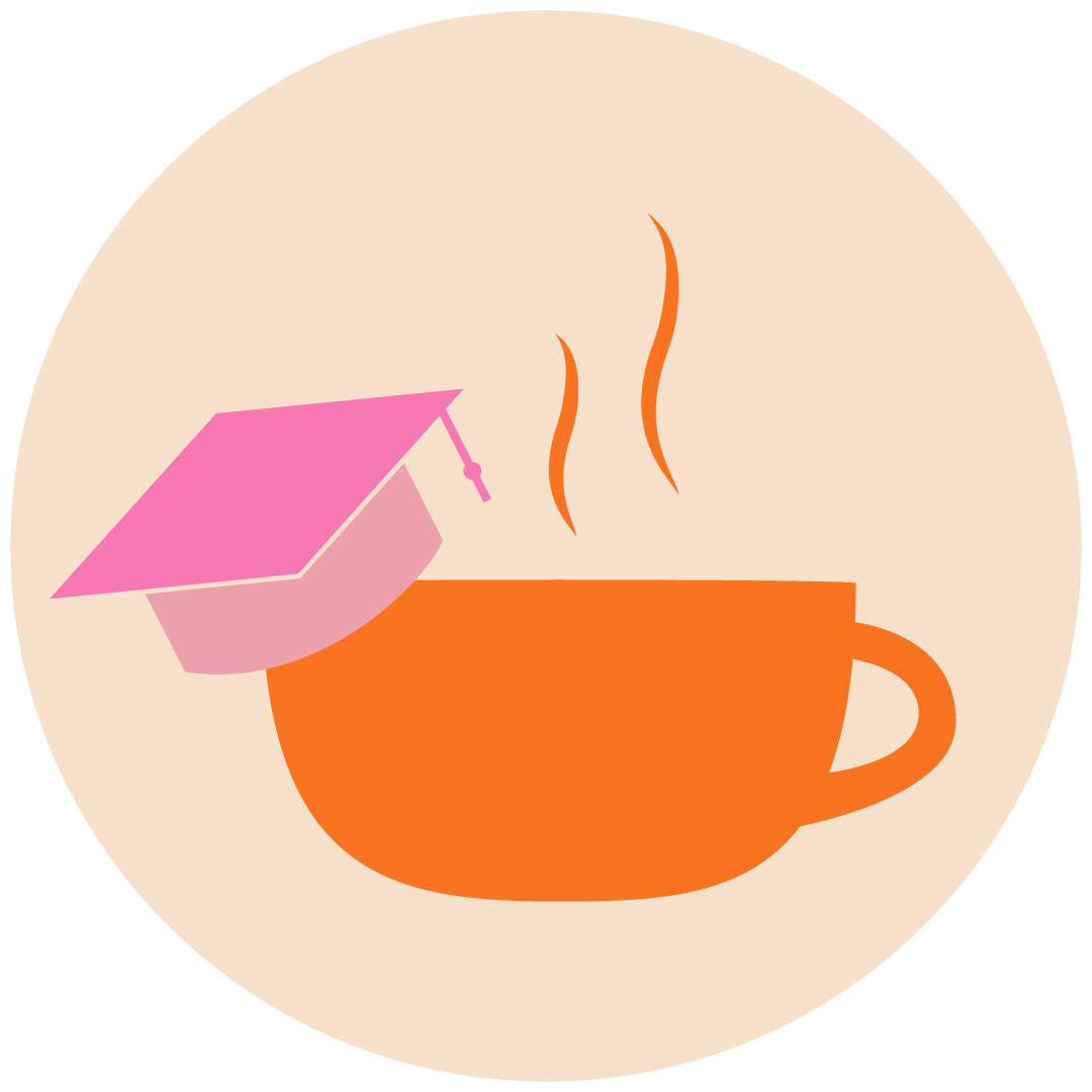 logo du site, tasse orange, chapeau universitaire rose, fond cercle beige